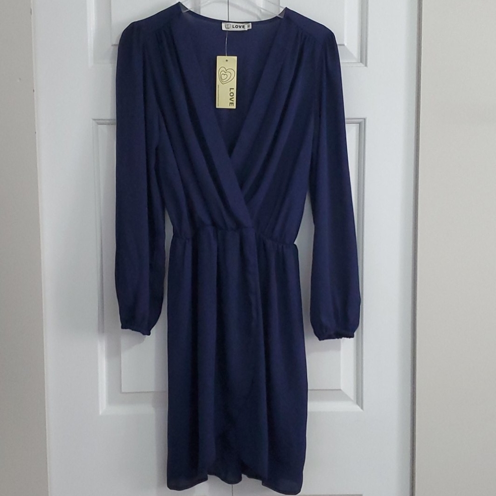NWT ASOS Navy Blue Long Sleeve Crossover Dress